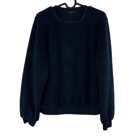 Beyond Yoga Deep Blue Faux Fur Sherpa Pullover Crewneck Sweatshirt Small - Picture 1 of 5
